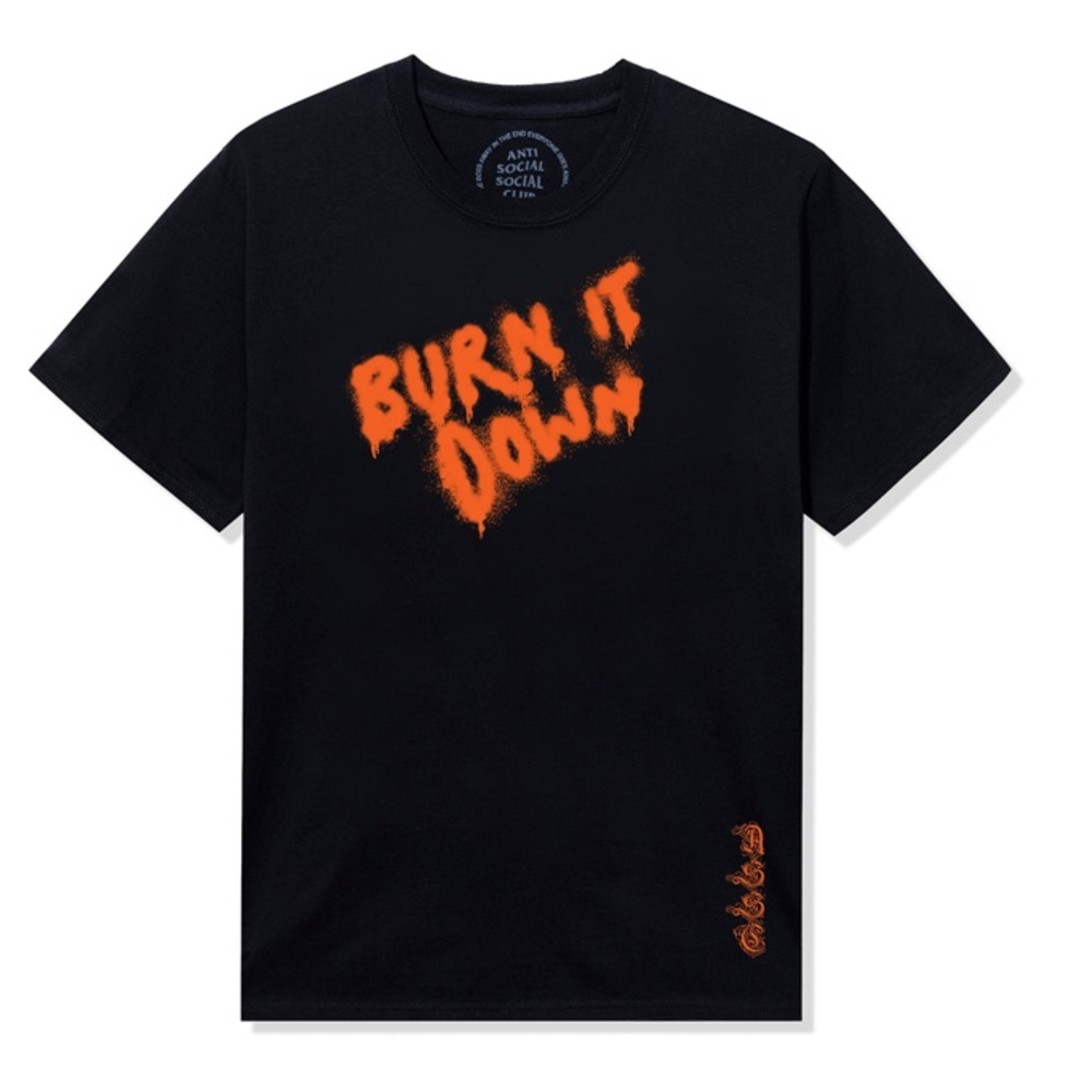 Anti Social Social Club Black Tee with Orange Burn It Down Graphic